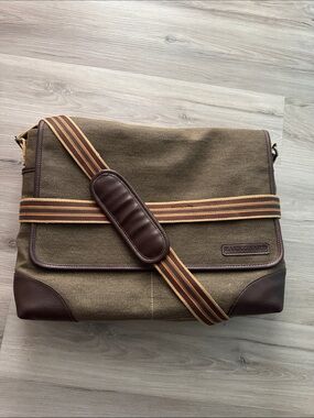 Brown Canvas Messenger Bag with Striped Shoulder Strap